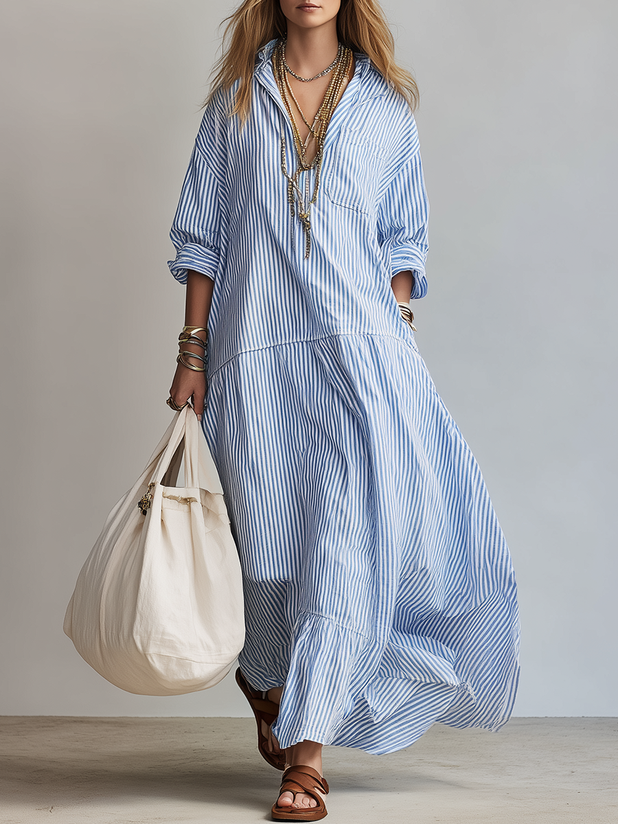 Robe maxi à rayures bleues de style chemisier décontracté