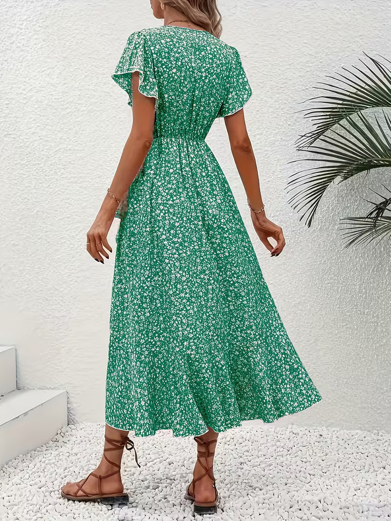 Skye | Robe Midi Florale à Manches Volantes et Ourlet Asymétrique