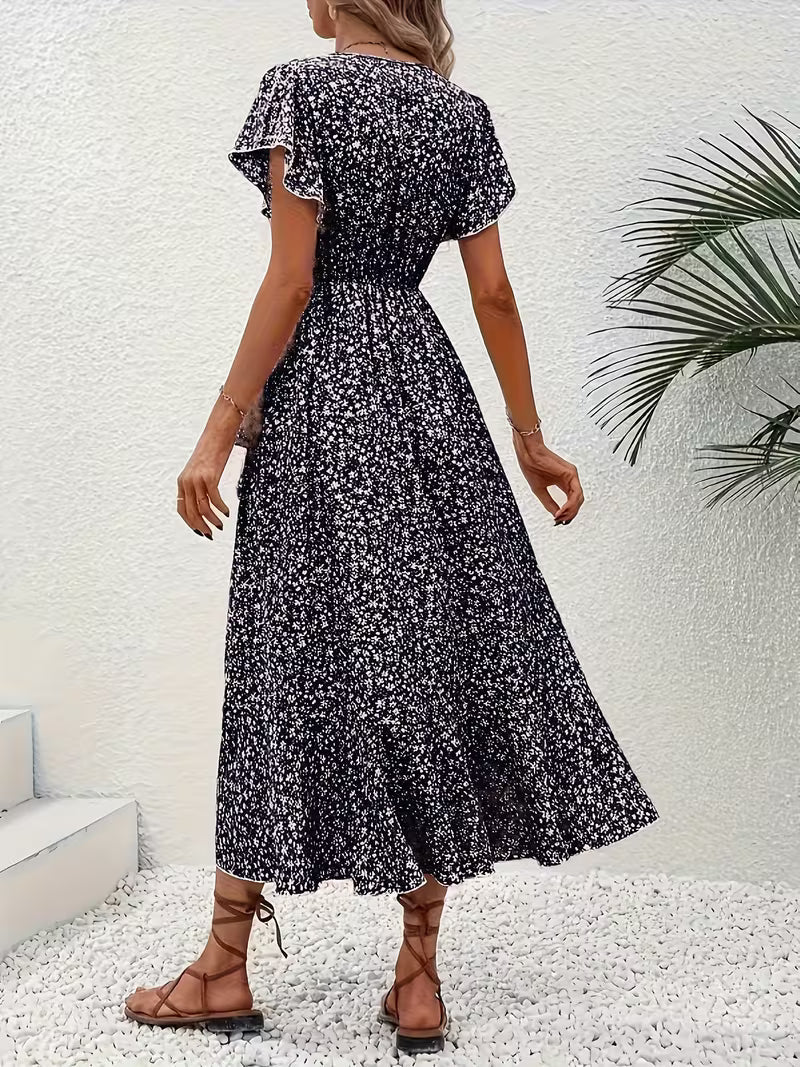 Skye | Robe Midi Florale à Manches Volantes et Ourlet Asymétrique