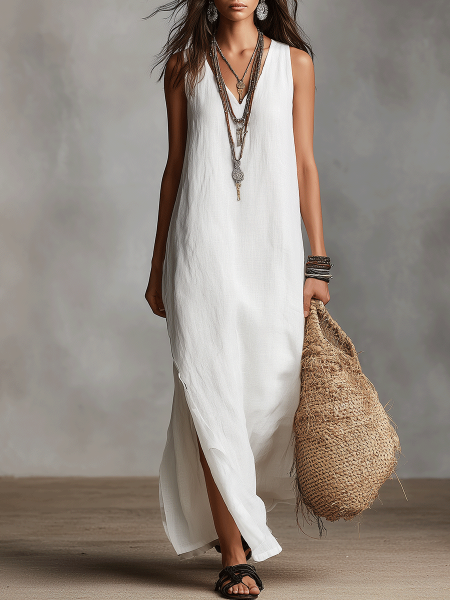 Robe maxi blanche sans manches avec décolleté en V