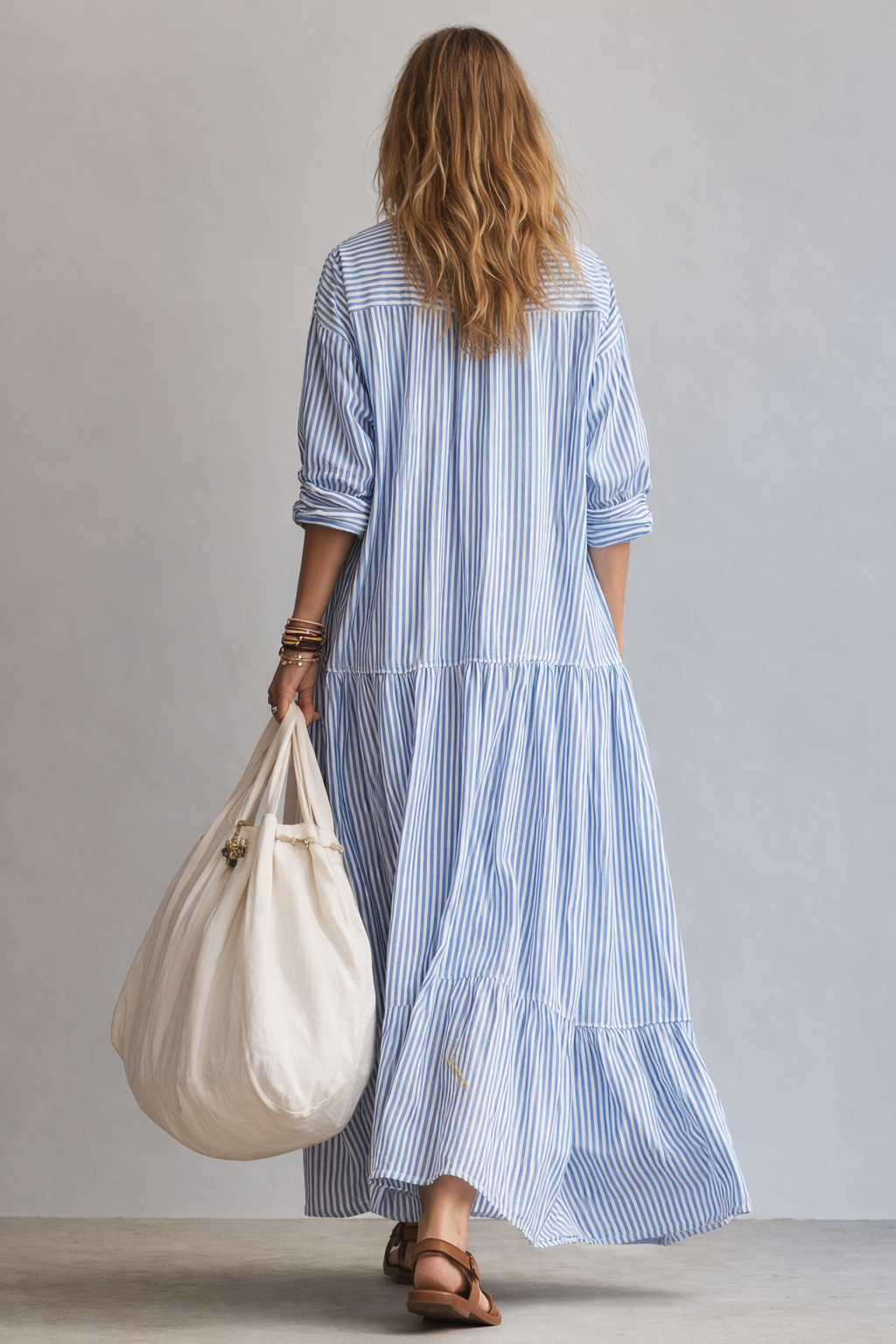 Robe maxi à rayures bleues de style chemisier décontracté