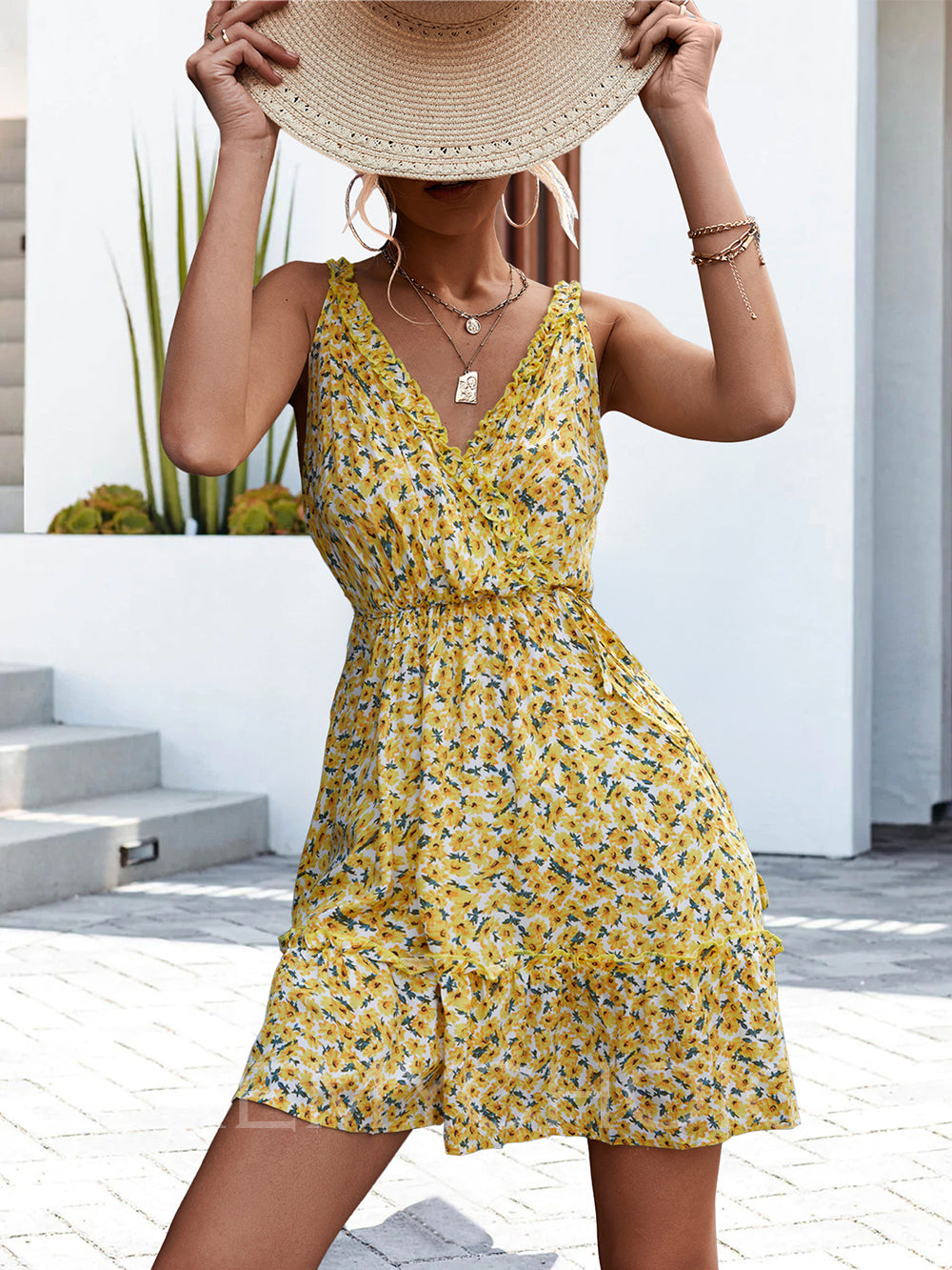 Robe d'été sexy avec volants et décolleté en V pour femmes