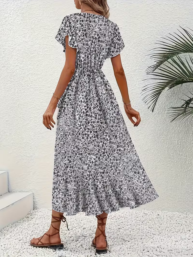 Skye | Robe Midi Florale à Manches Volantes et Ourlet Asymétrique
