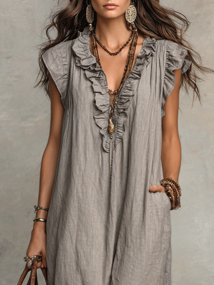 Robe maxi bohème sans manches avec décolleté en V et tombé fluide