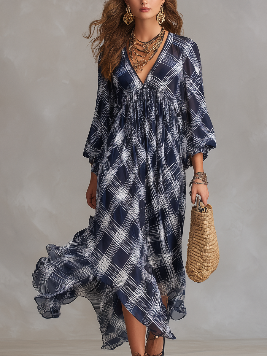 Robe maxi fluide de style français, à carreaux bleu marine, coupe décontractée