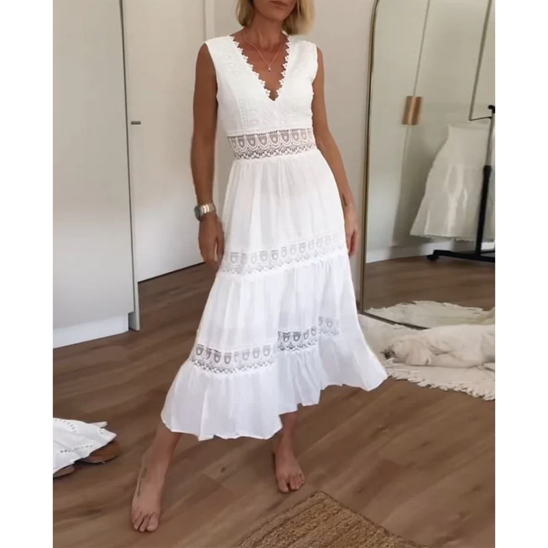 ALYSSA | Robe Midi Sans Manches avec Décolleté en V et Détails en Dentelle Délicate