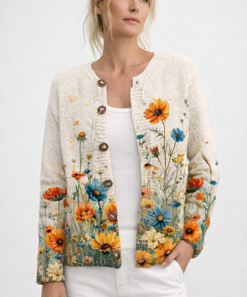 Novelle™ | Cardigan boutonné à imprimé floral artistique vintage