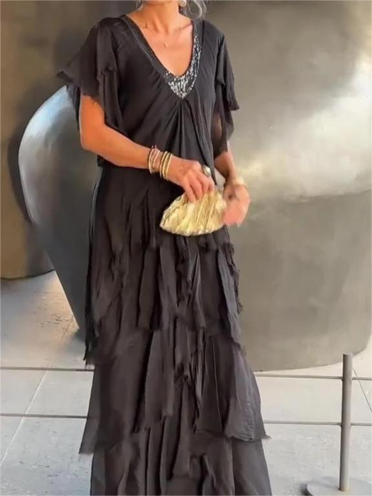 SAVANE | Robe Longue Fluide avec Décolleté en V Élégant