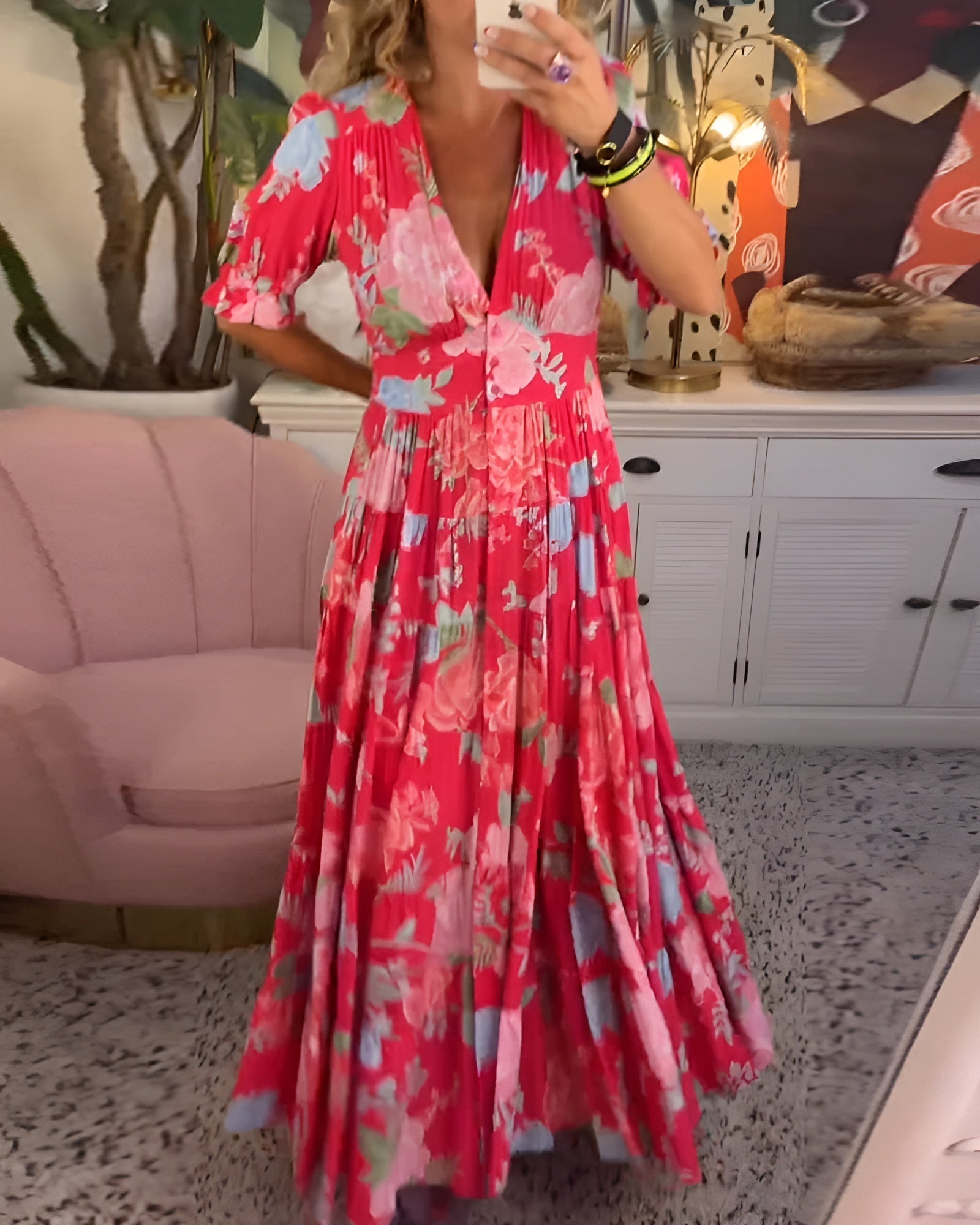 CATERINA | Robe Fleurie Longue avec Poches Cachées et Coupe Féminine pour le Jour