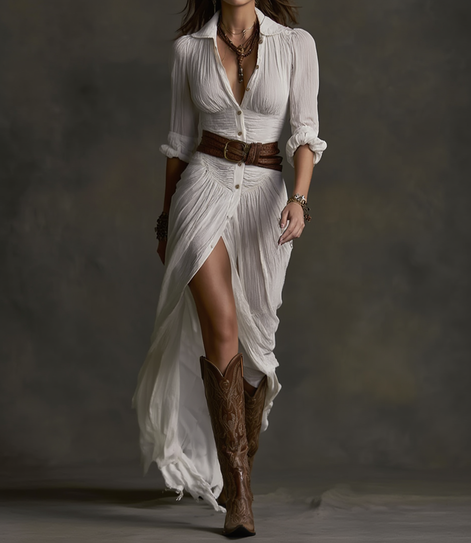 Alona™ | Robe longue en lin avec col inversé