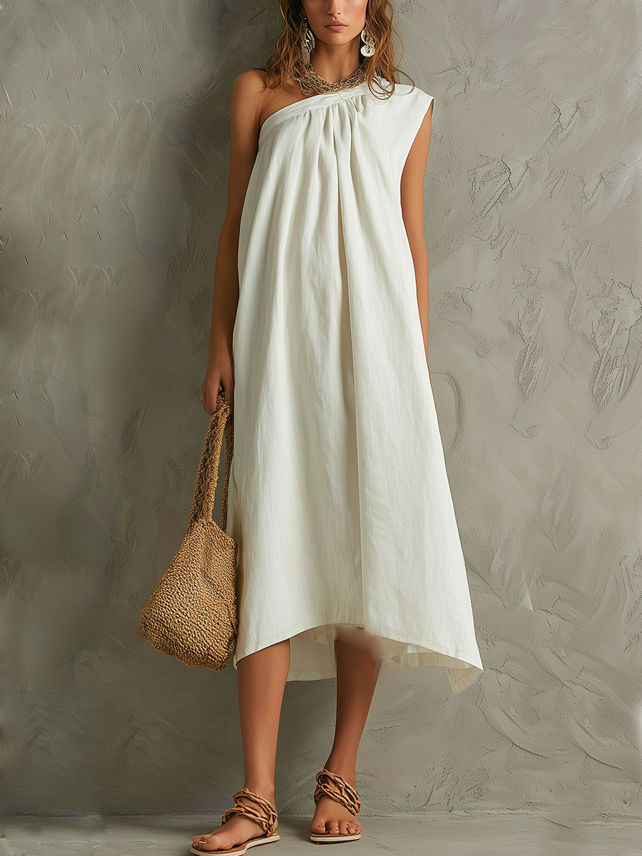 Robe maxi blanche minimaliste à épaule unique avec ambiance de resort