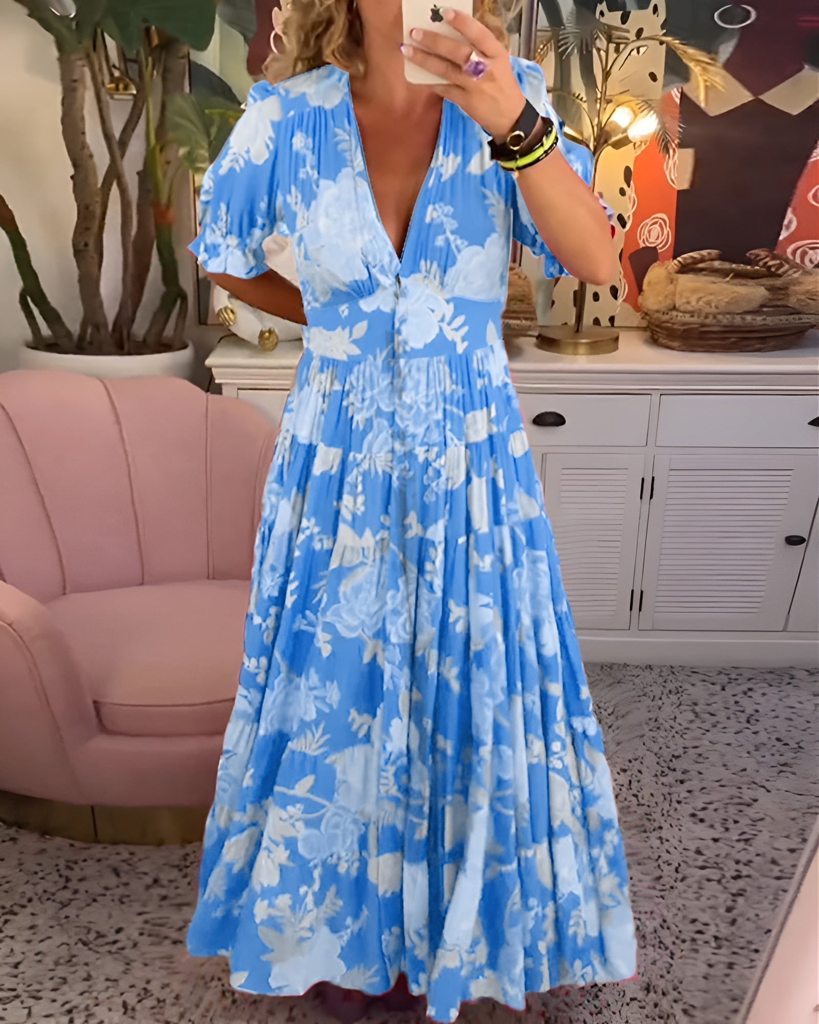 CATERINA | Robe Fleurie Longue avec Poches Cachées et Coupe Féminine pour le Jour
