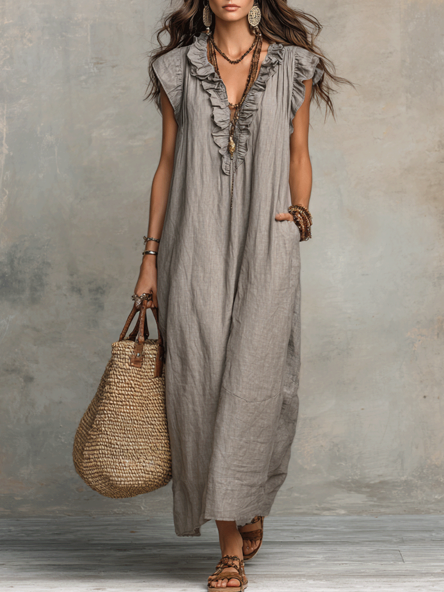 Robe maxi bohème sans manches avec décolleté en V et tombé fluide