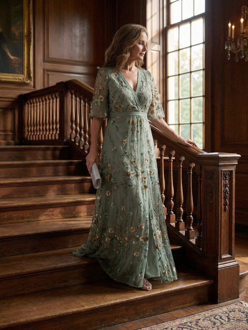 Sage | Robe Maxi Brodée Florale avec Décolleté en V et Manches Volantes