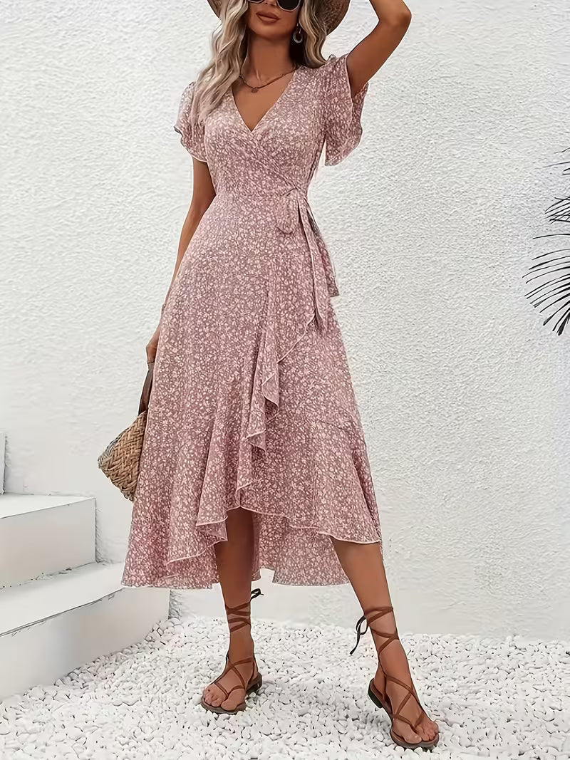 Skye | Robe Midi Florale à Manches Volantes et Ourlet Asymétrique