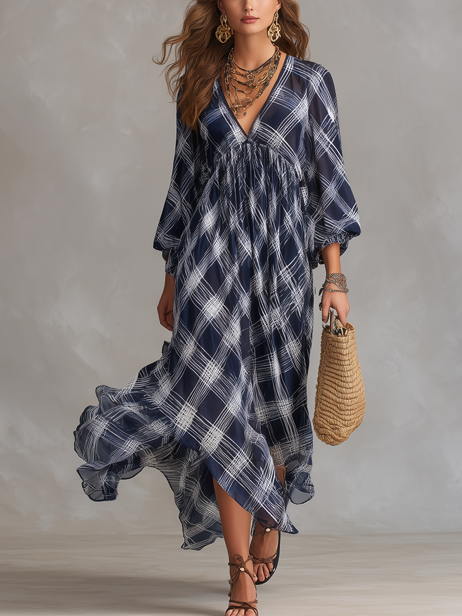 Robe maxi fluide de style français, à carreaux bleu marine, coupe décontractée