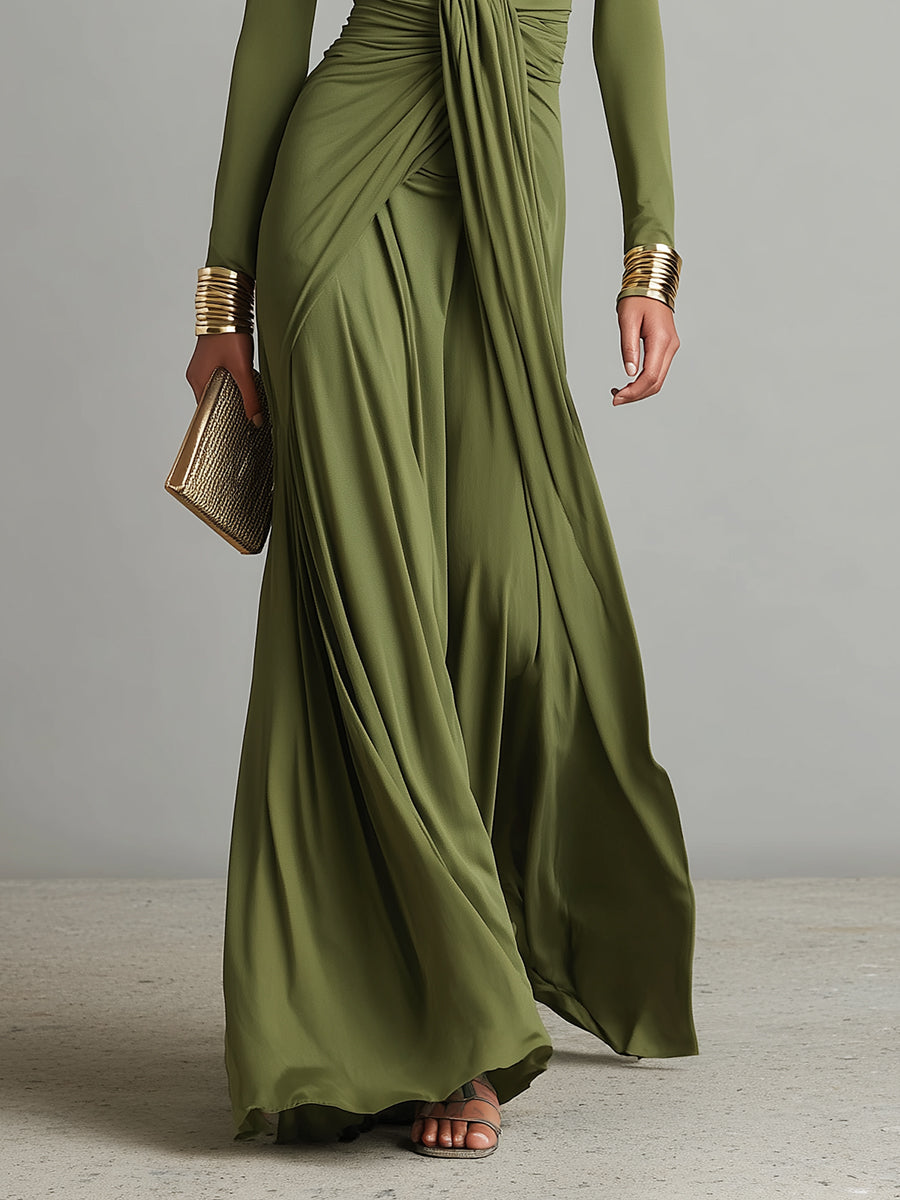 Robe Maxi en Soie Olive avec Décolleté en V