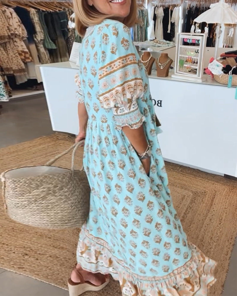 GIULIA | Robe Midi avec Décolleté en V et Élégantes Manches Bouffantes