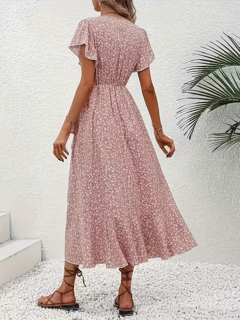 Skye | Robe Midi Florale à Manches Volantes et Ourlet Asymétrique