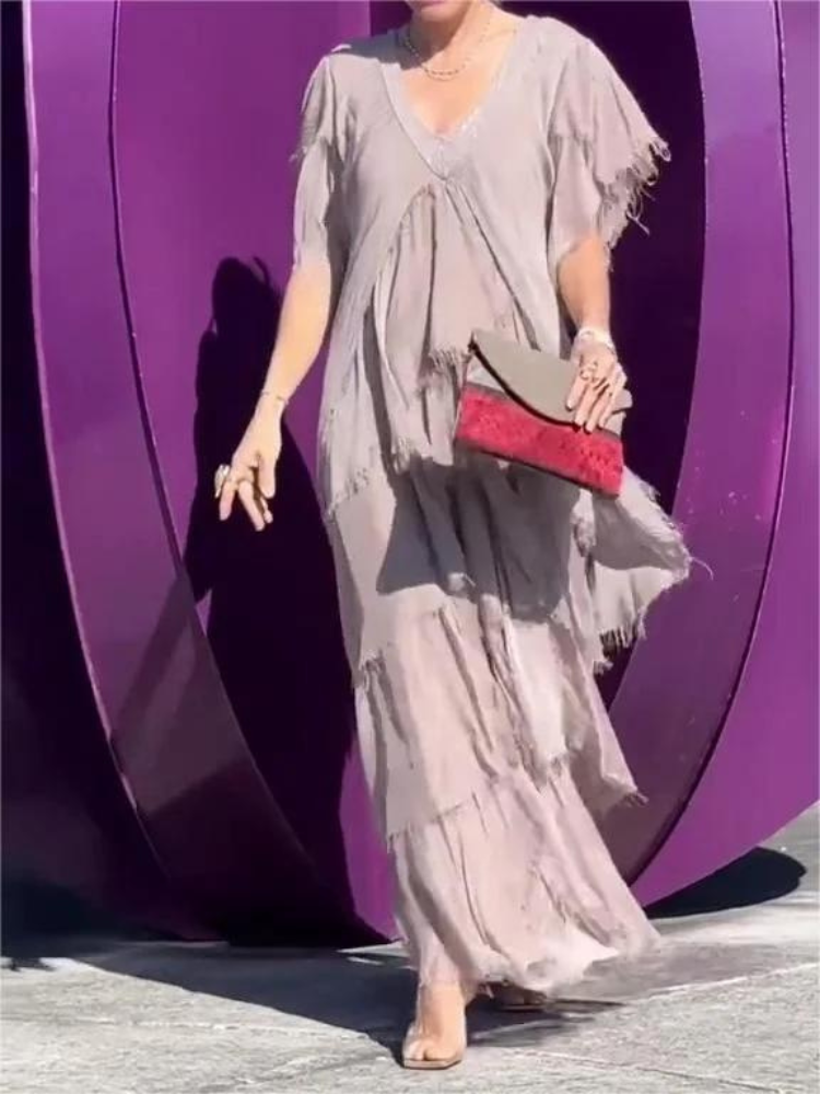 SAVANE | Robe Longue Fluide avec Décolleté en V Élégant