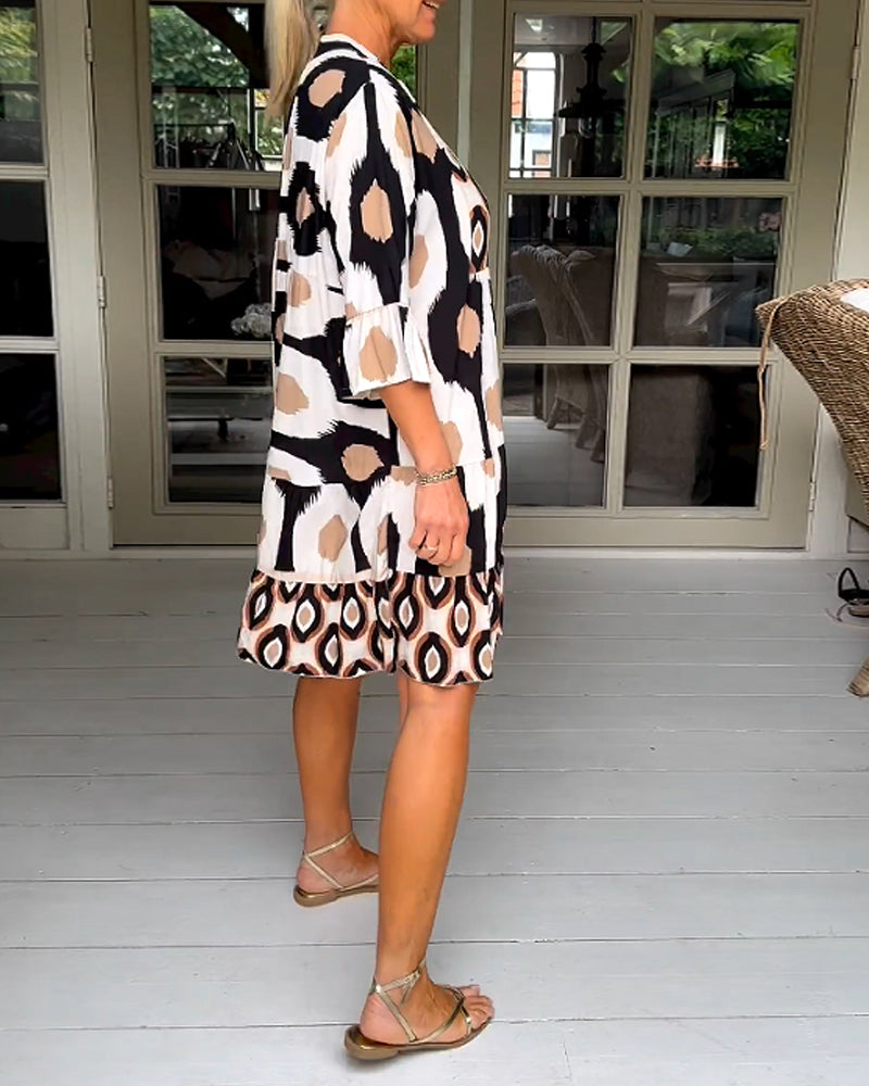 ELVINA | Robe Imprimée à Manches 3/4 et Coupe A-Line pour un Look Élégant et Détendu