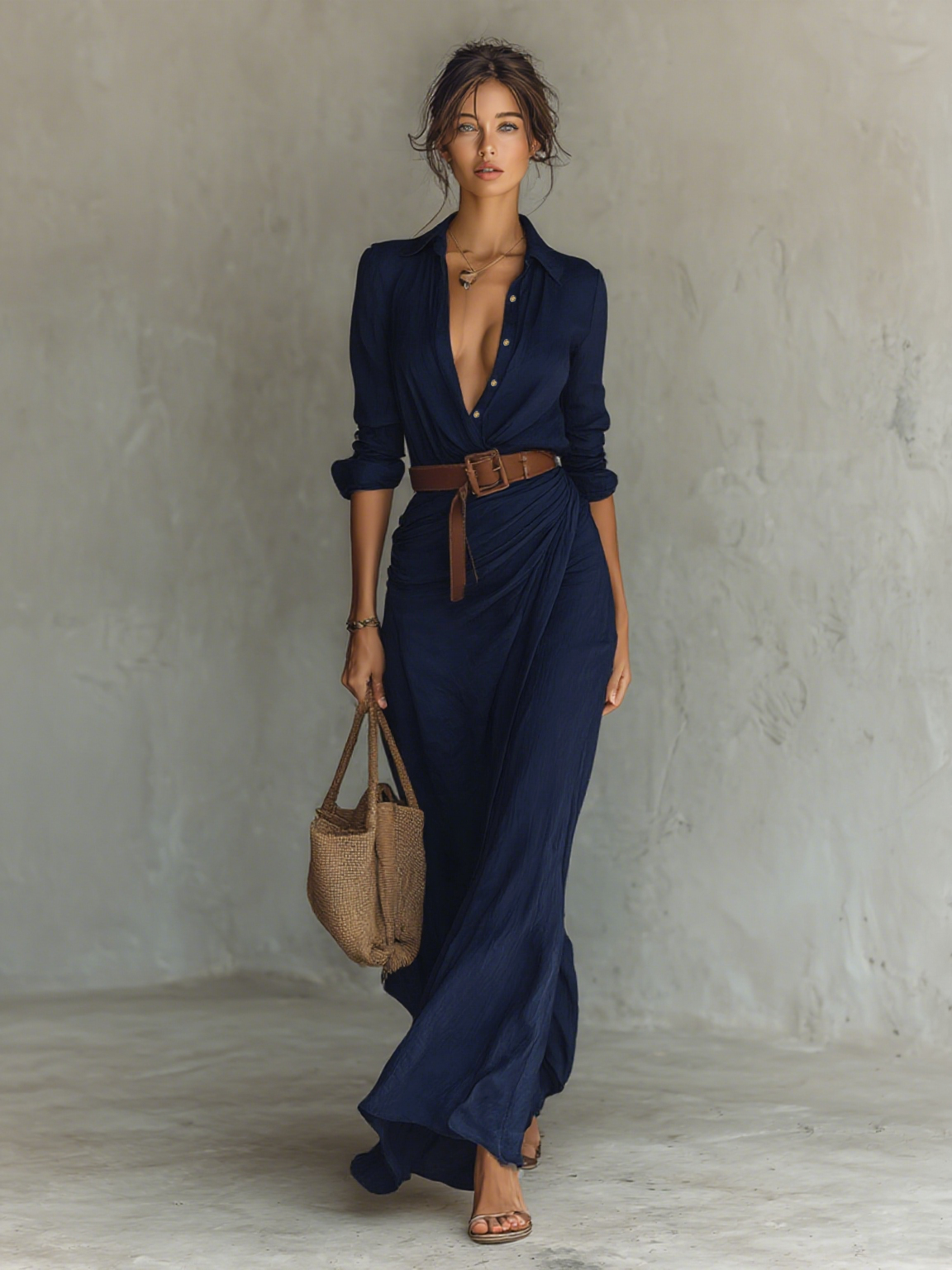 Robe Maxi avec Col Noté et Manches Longues