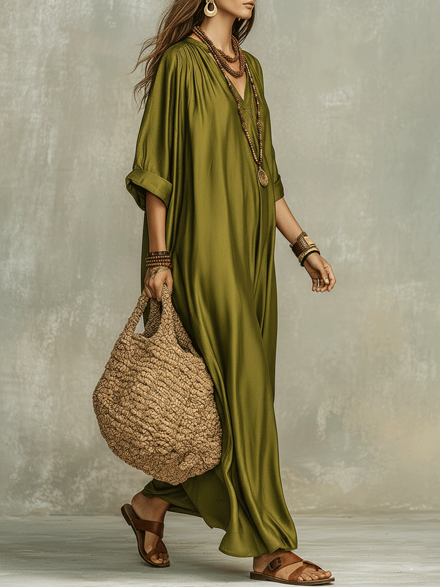 Robe maxi bohème vert olive décontractée