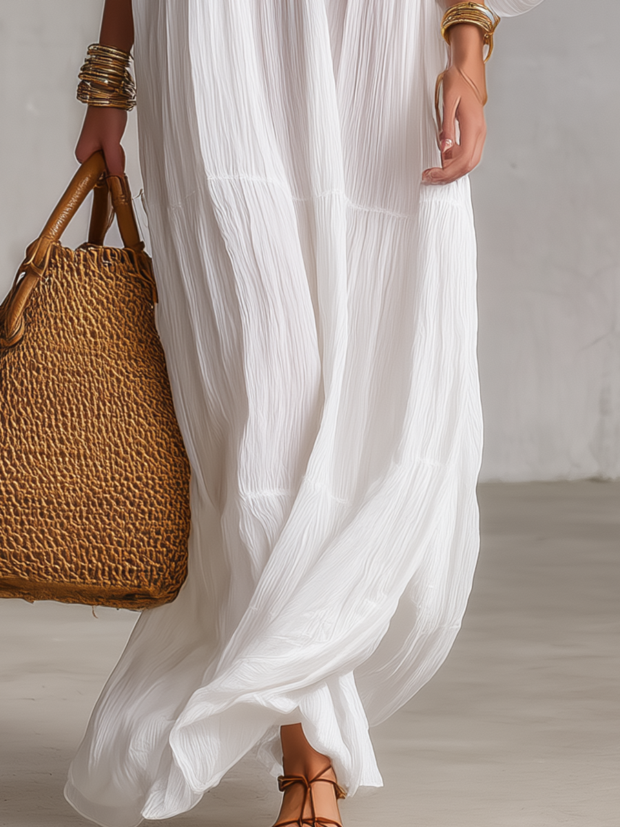 Robe caftan maxi blanche brodée bohème avec décolleté en V et texture froissée
