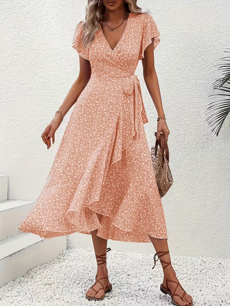 Skye | Robe Midi Florale à Manches Volantes et Ourlet Asymétrique
