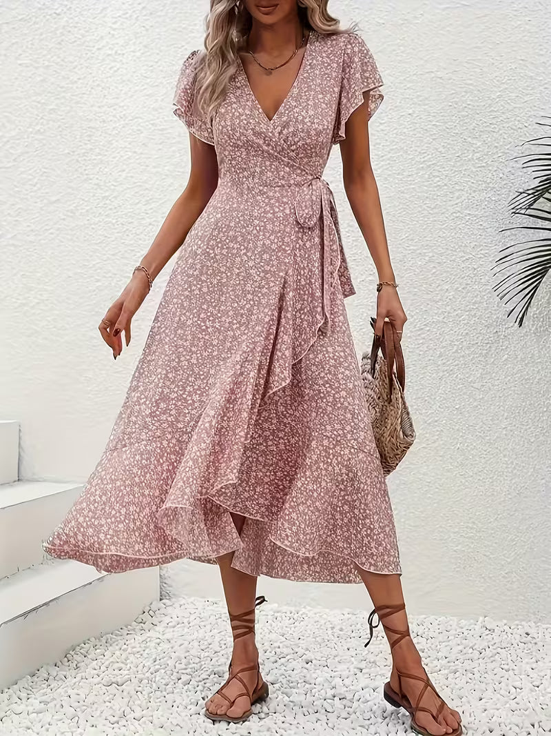 Skye | Robe Midi Florale à Manches Volantes et Ourlet Asymétrique