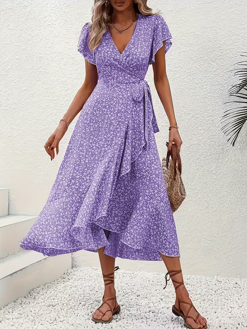 Skye | Robe Midi Florale à Manches Volantes et Ourlet Asymétrique