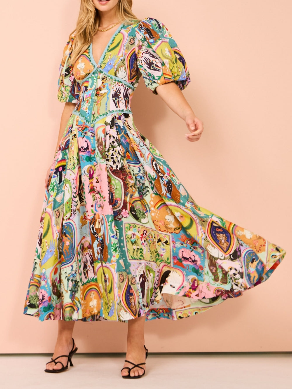 Robe Midi Décontractée avec Imprimé Graffiti Vert Émeraude