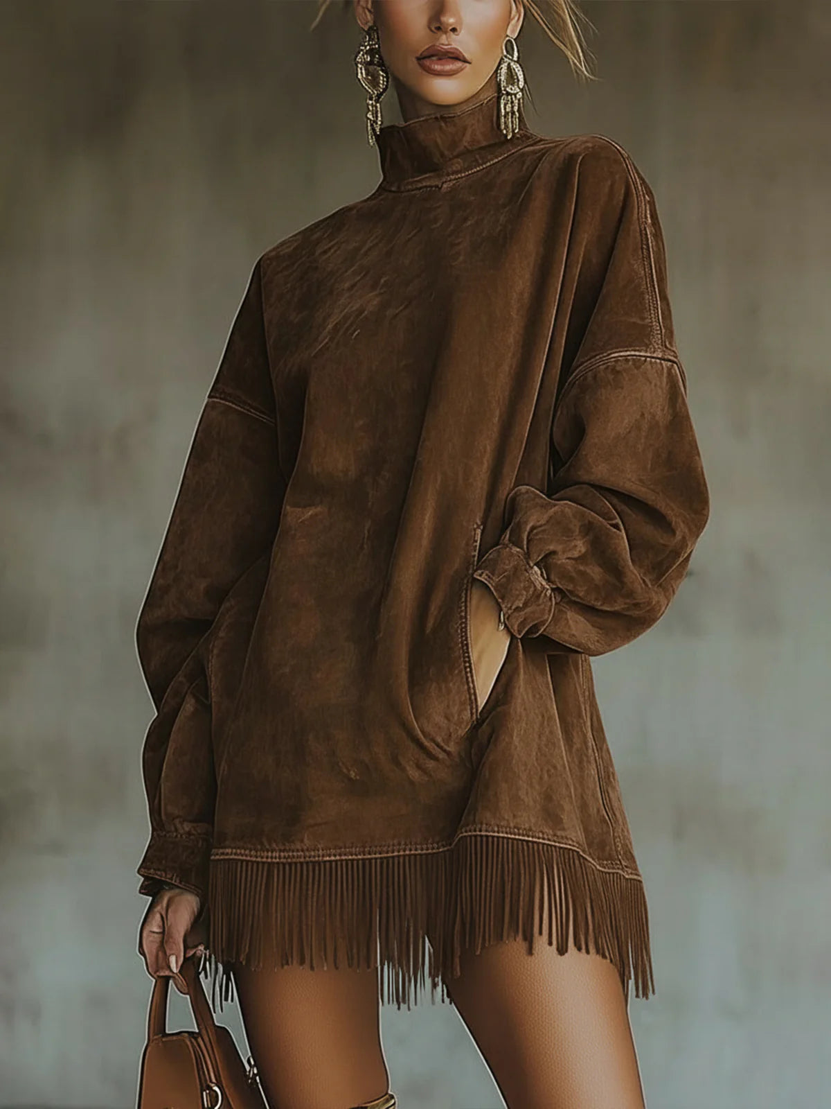 Savenna™ | Robe en daim avec col montant et franges