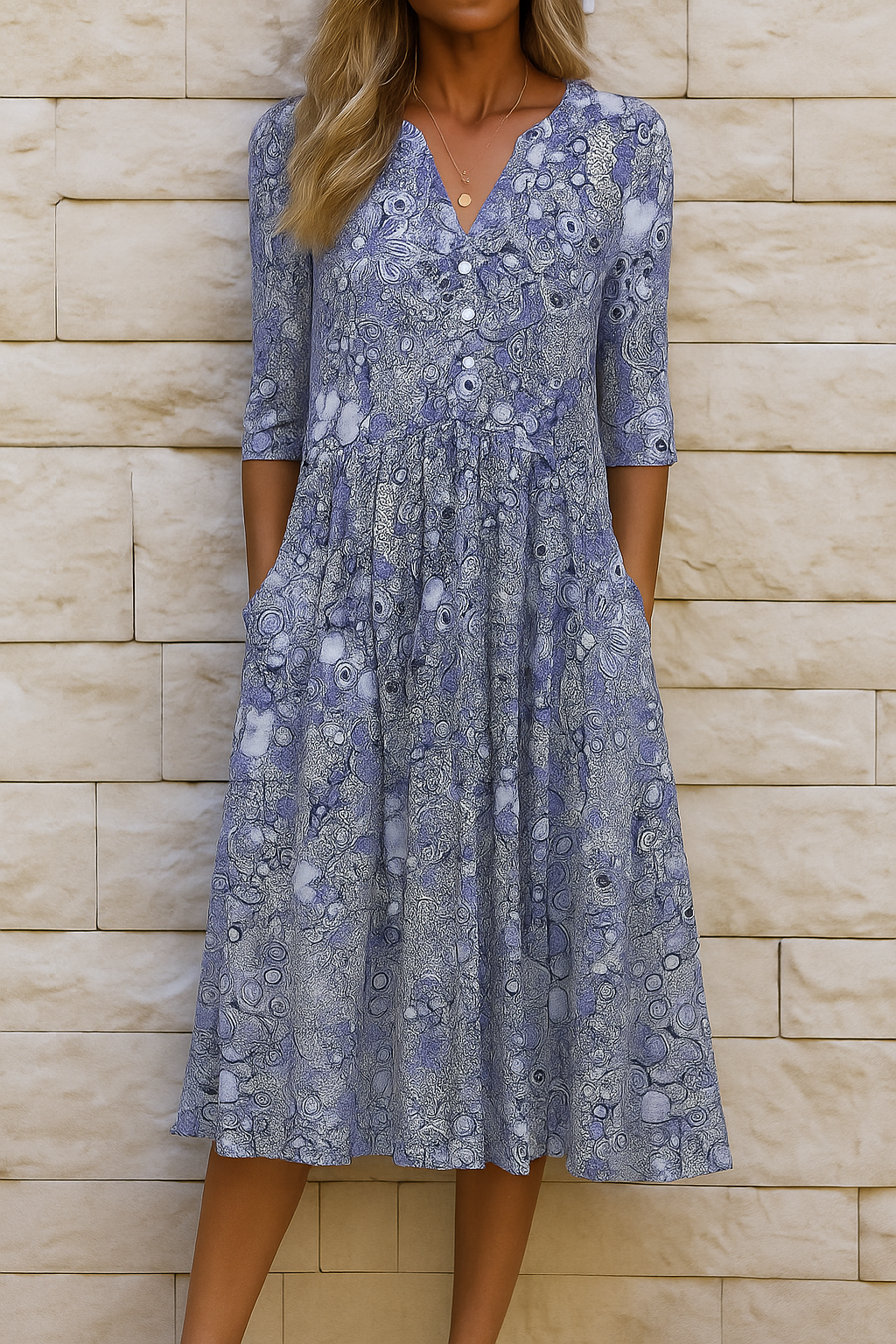 Aubrey | Robe Midi Imprimée Boho avec Décolleté en V et Poches Latérales