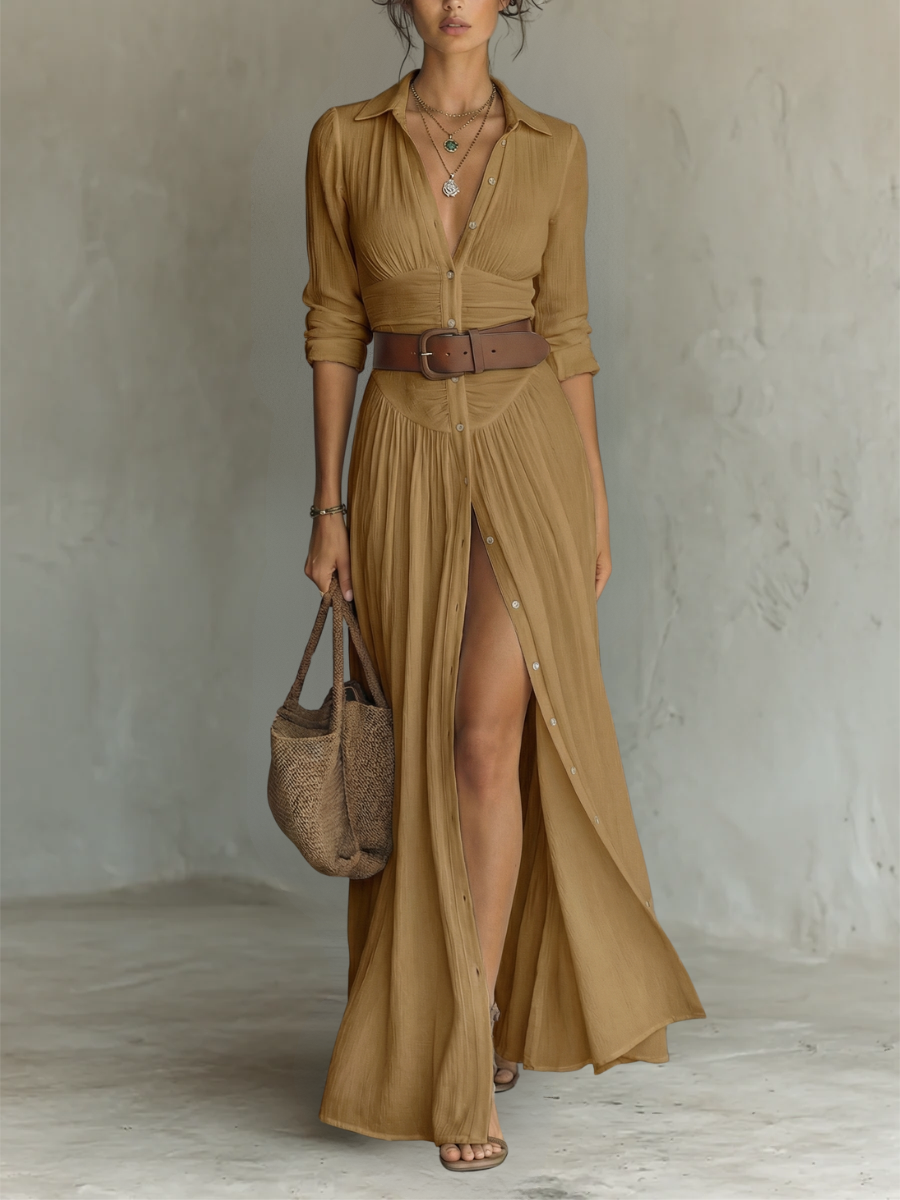 Robe Maxi avec Col Noté et Manches Longues
