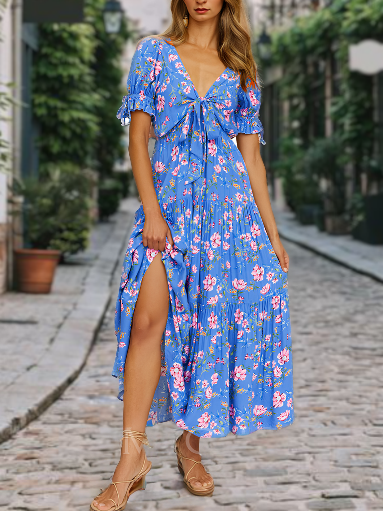 Robe de Plage Florale à Manches Courtes
