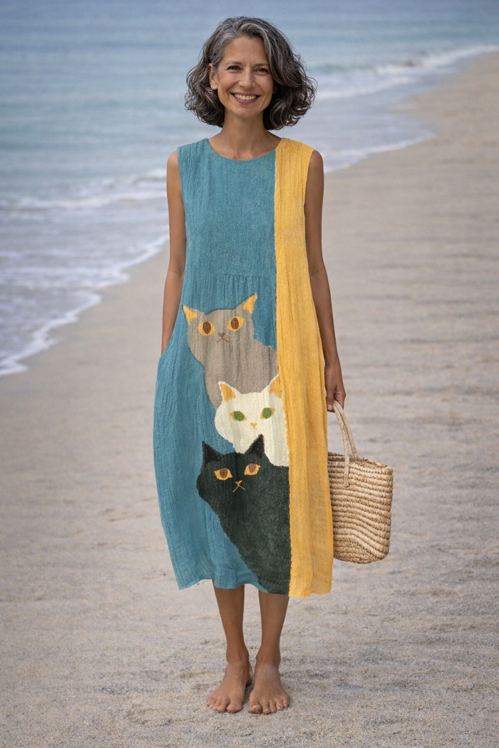 Paola | Robe vintage avec un imprimé artistique de chats amusants