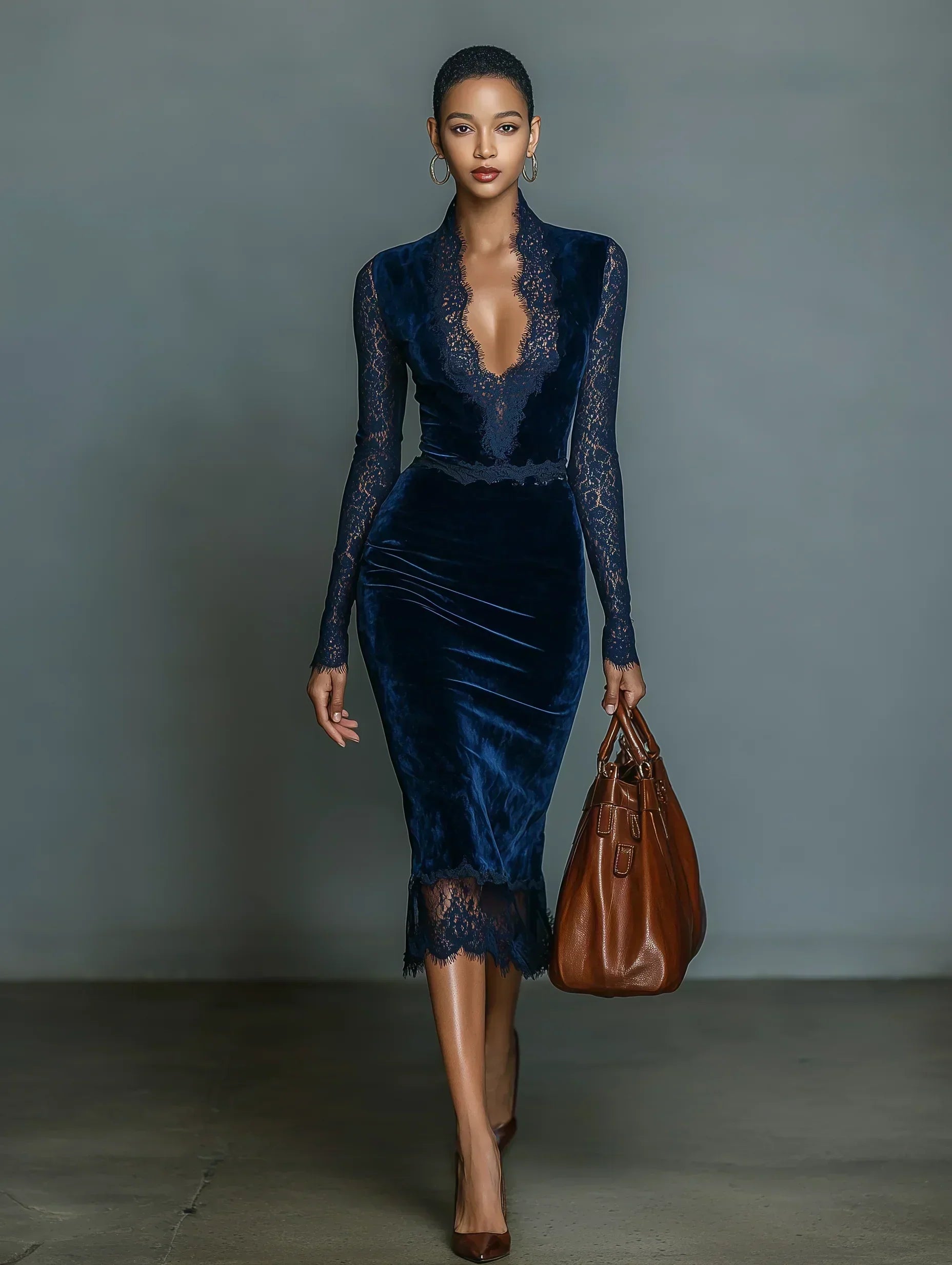 Robe Midi en Velours avec Décolleté en Dentelle