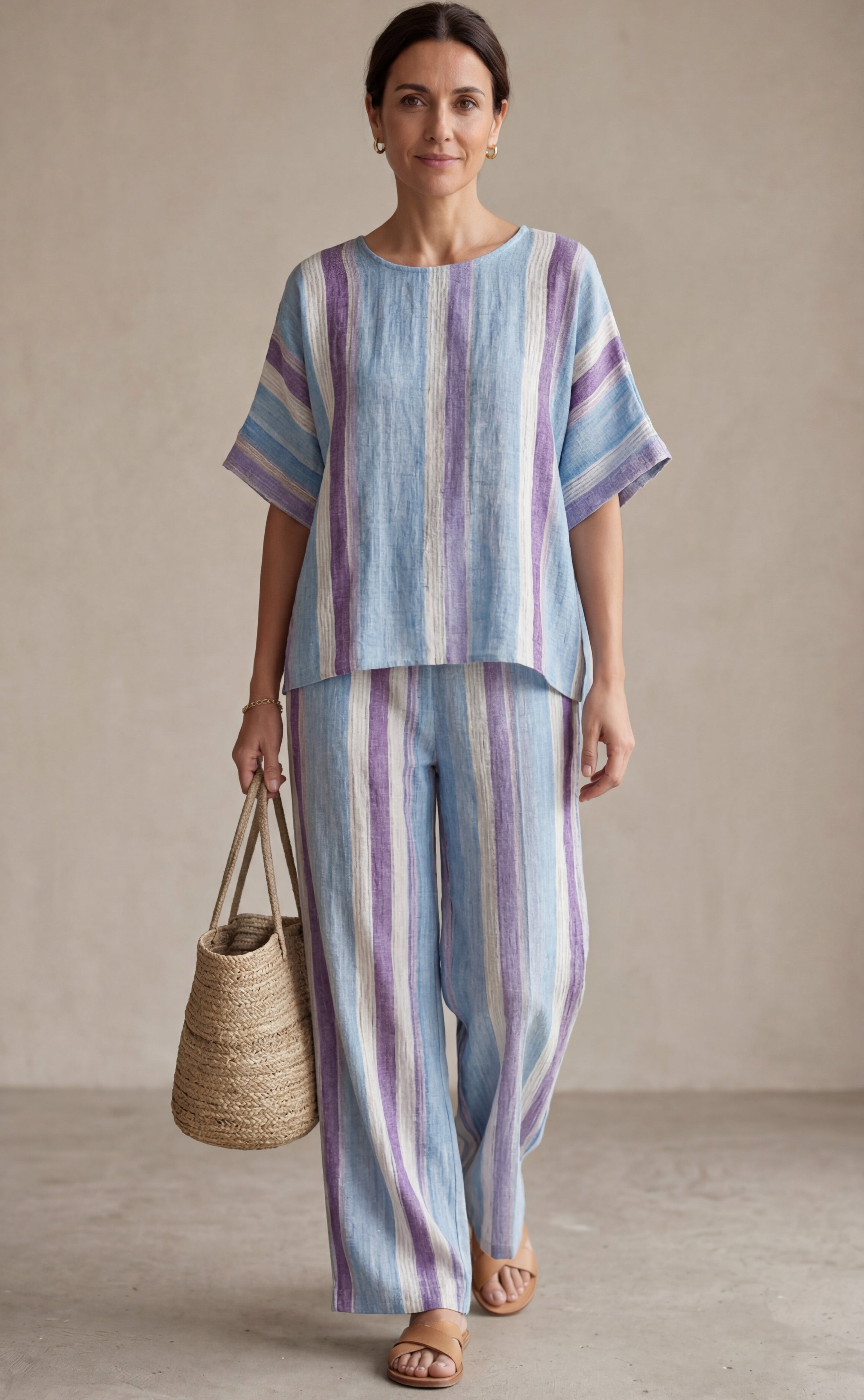 Ginevra — Haut élégant en ton mauve pastel et pantalons en lin à rayures