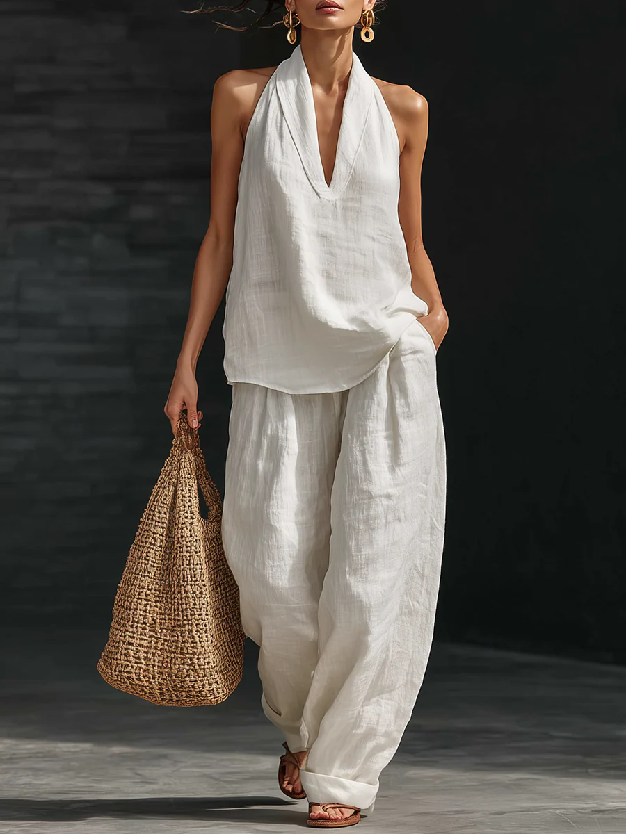 Ensemble en lin avec décolleté en V et pantalon fluide