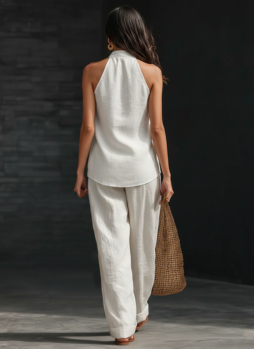 Ensemble en lin avec décolleté en V et pantalon fluide