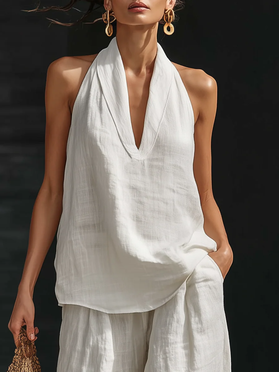 Ensemble en lin avec décolleté en V et pantalon fluide