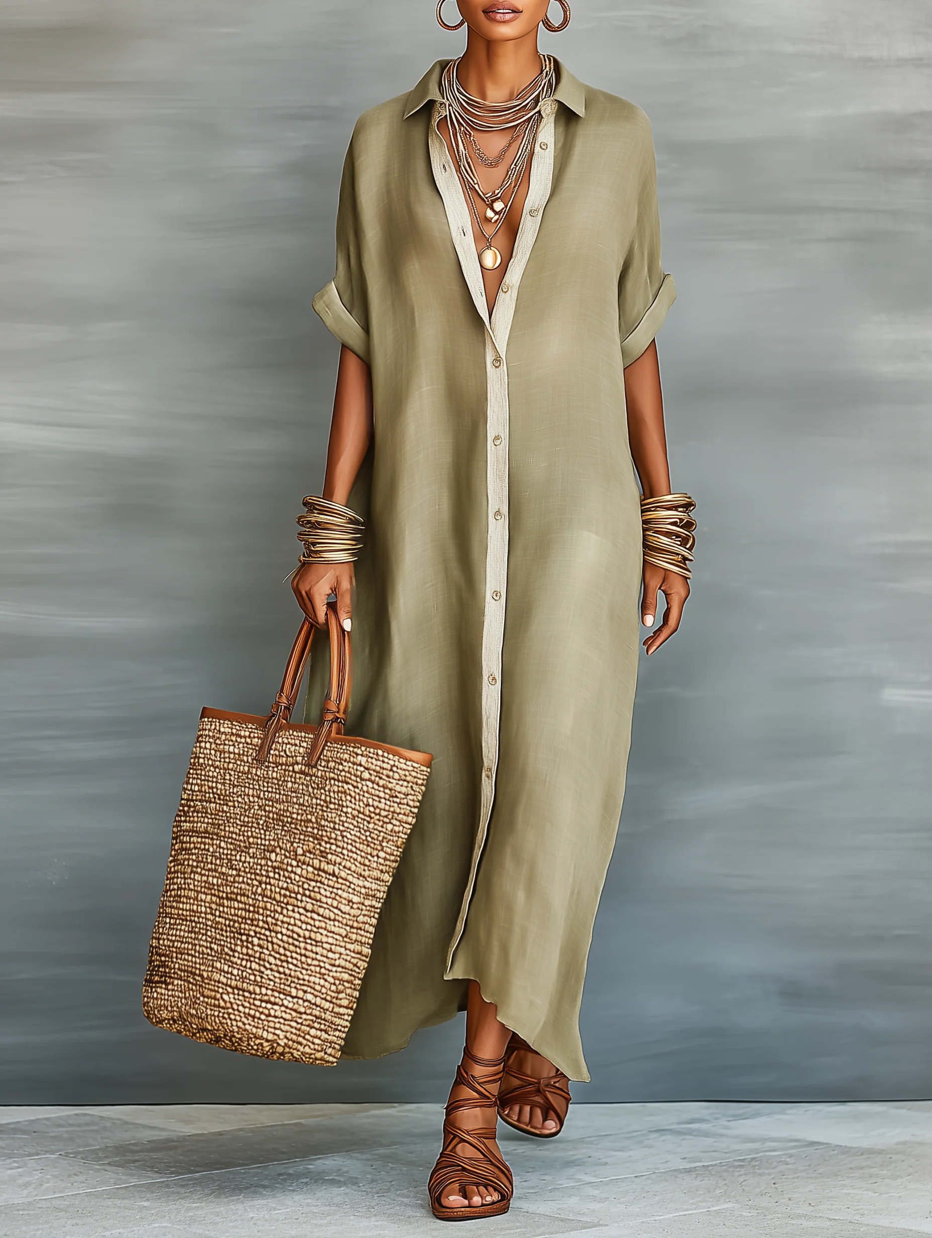 Manelle | Robe Maxi Verte Olive avec Ligne Minimaliste