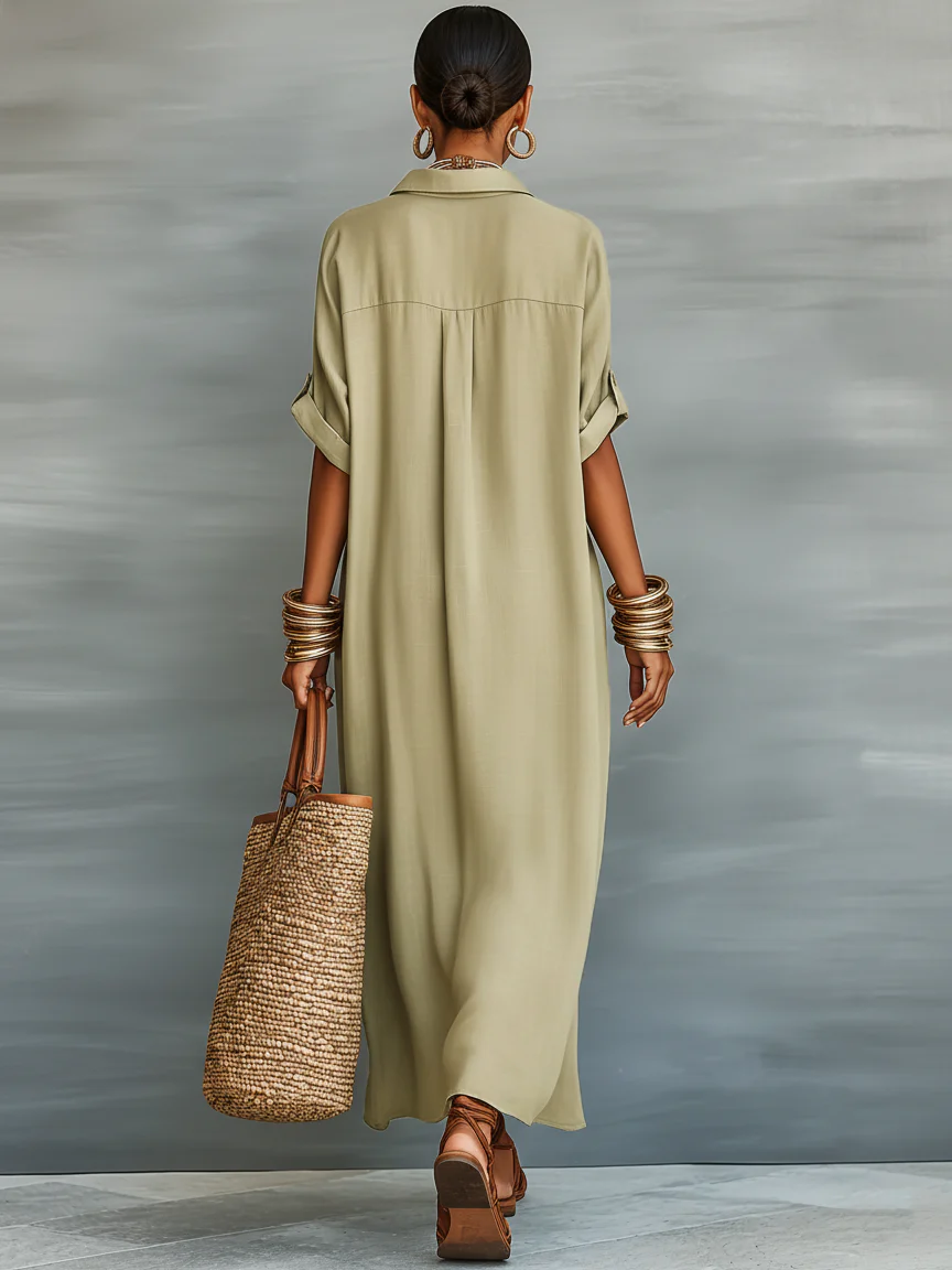 Manelle | Robe Maxi Verte Olive avec Ligne Minimaliste