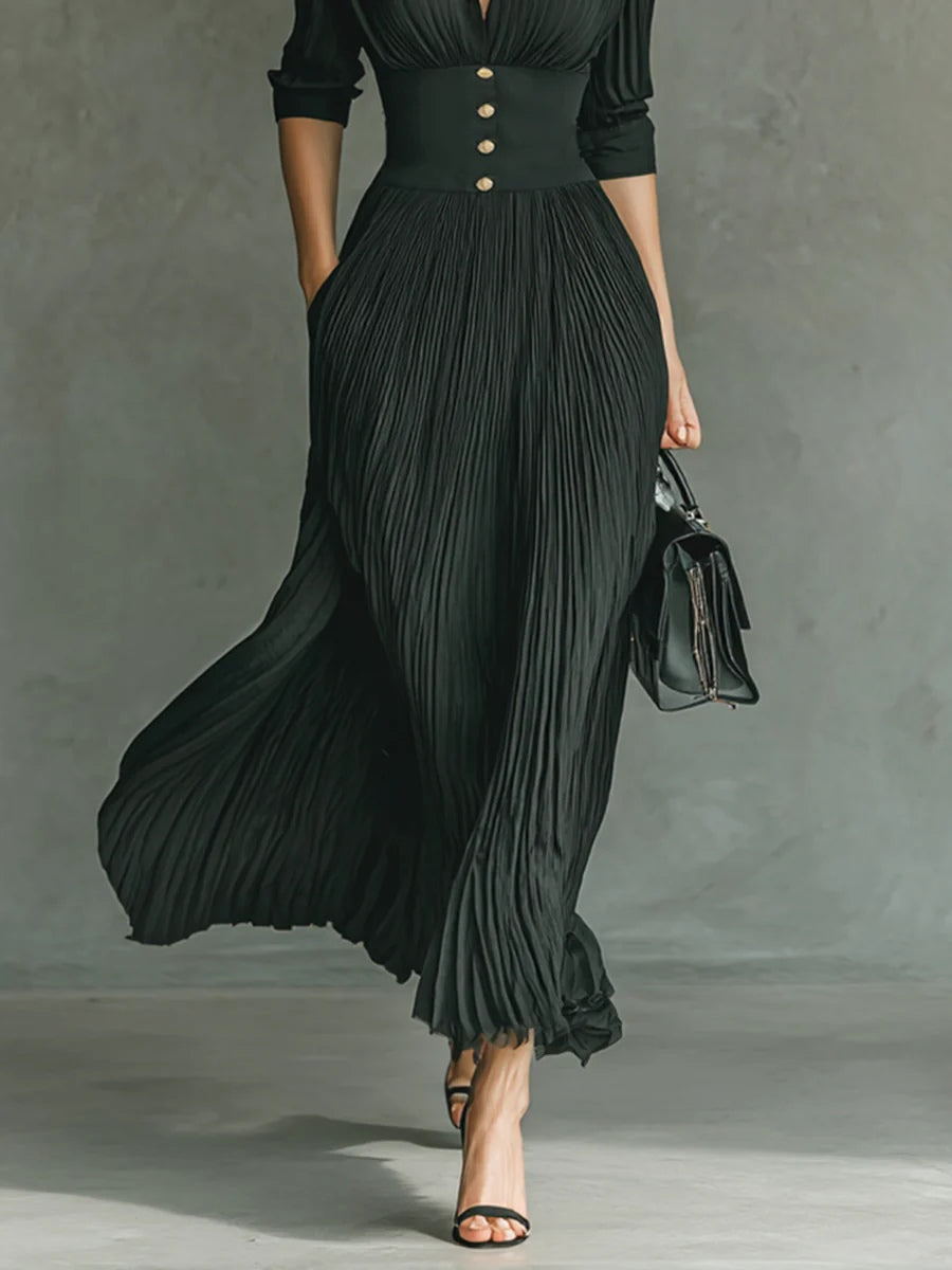 Elvira | Robe Longue Plissée avec Revers et Taille Haute