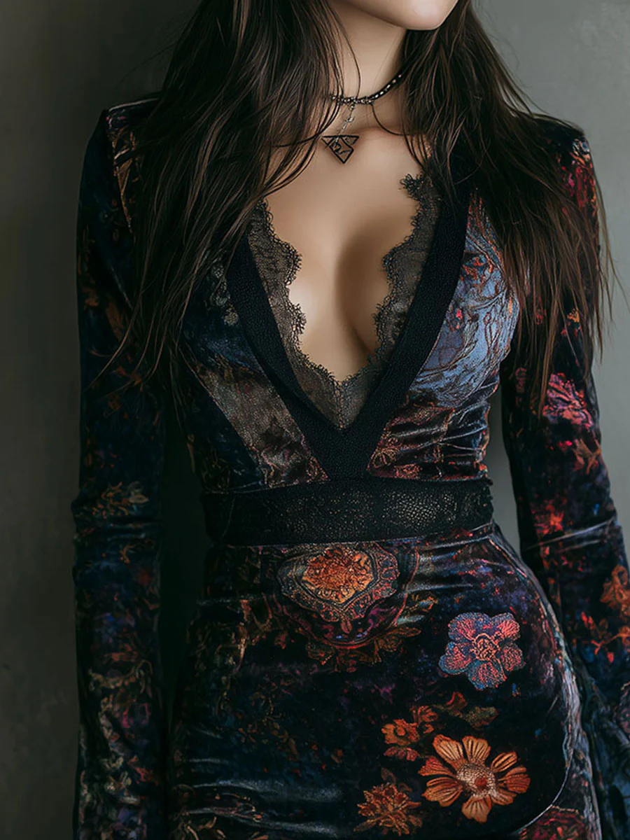 Poralie™ | Mini-robe florale en velours avec dentelle