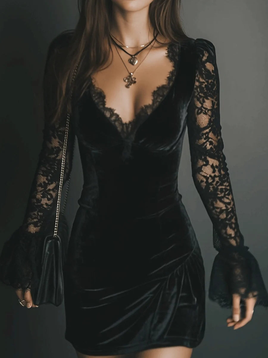 Lunori™ | Robe Mini en Velours et Dentelle Luna
