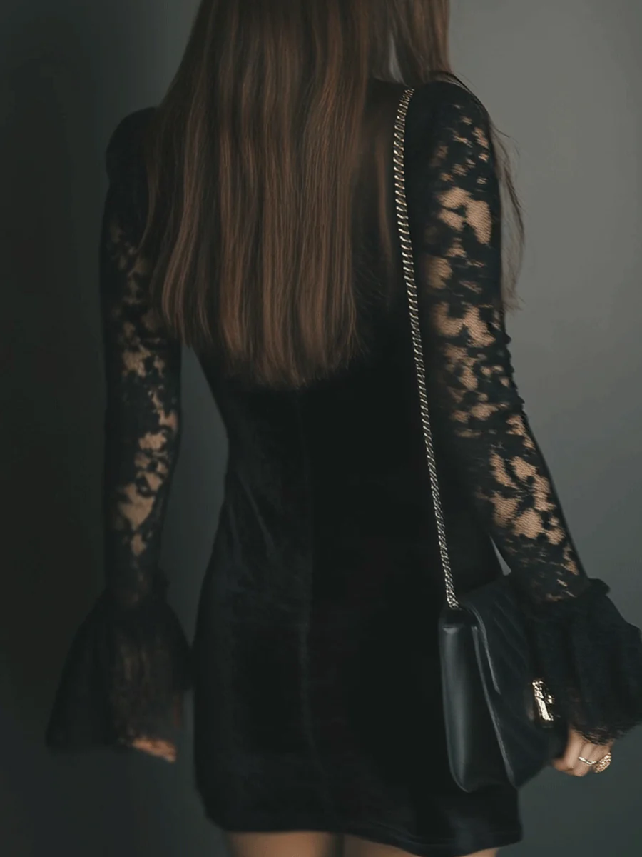Lunori™ | Robe Mini en Velours et Dentelle Luna