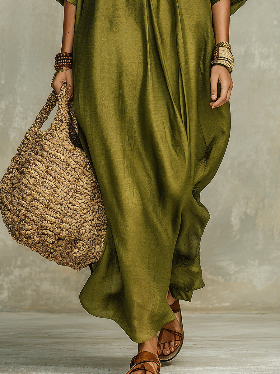 Robe maxi bohème vert olive décontractée