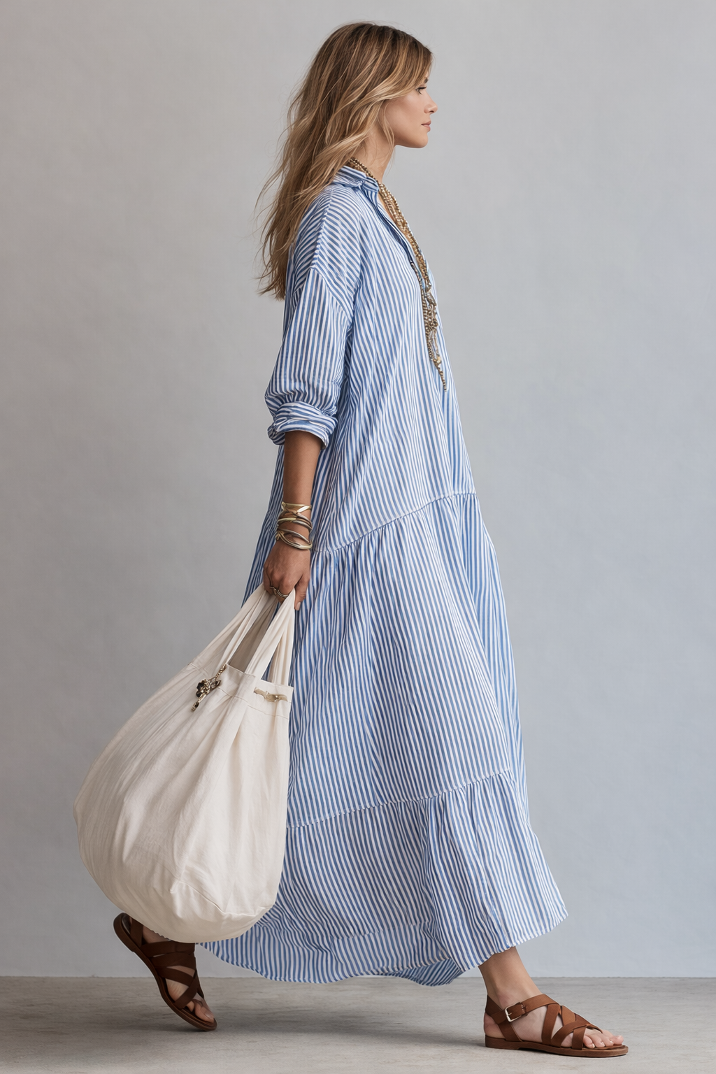 Robe maxi à rayures bleues de style chemisier décontracté